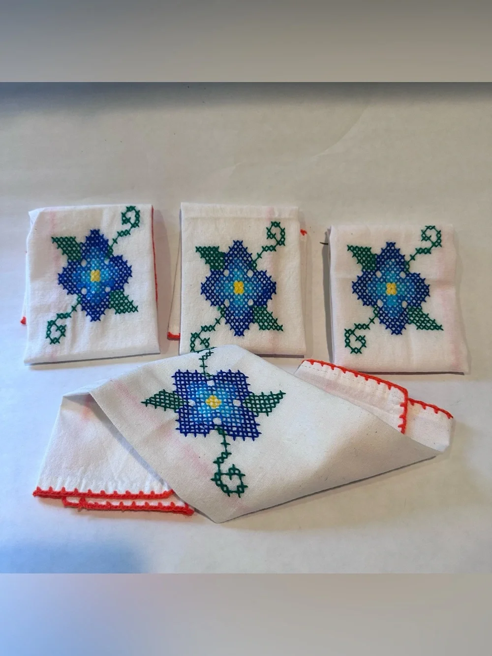 Vintage 4 Hand Embroidered Napkins Blue Flower Cross-Stitch 11